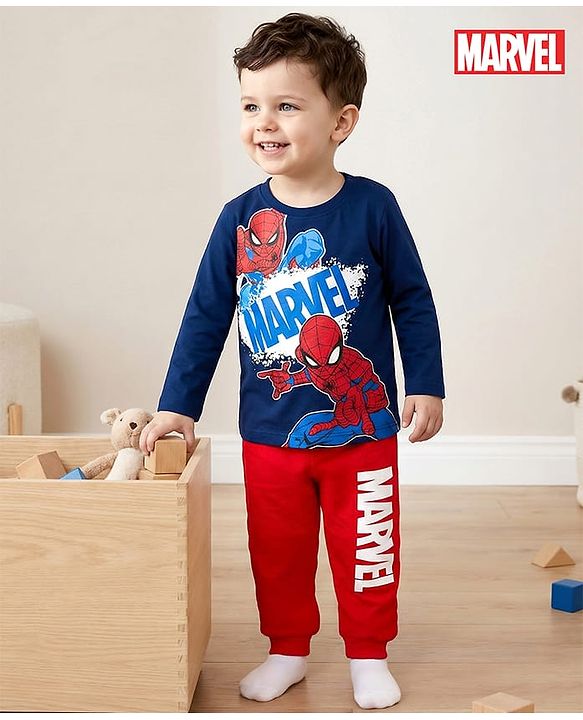 Babyhug Marvel Single Jersey Knit Full Sleeves T-Shirt & Pyjama Night Suit With Spider-Man Graphics - Multicolor