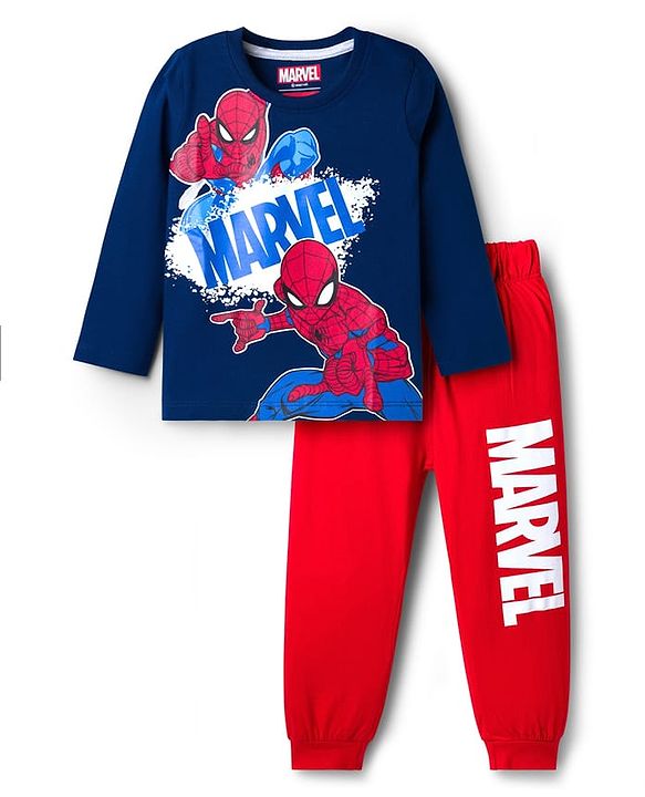 Babyhug Marvel Single Jersey Knit Full Sleeves T-Shirt & Pyjama Night Suit With Spider-Man Graphics - Multicolor