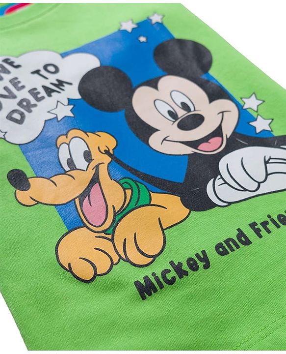Babyhug Disney 100% Cotton Knit Full Sleeves T-Shirt & Pyjama Night Suit With Mickey & Friends Graphics - Blue & Green