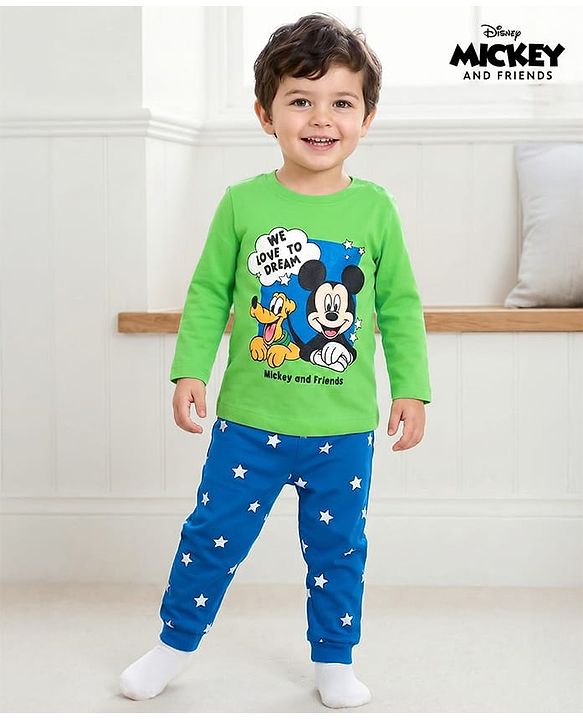 Babyhug Disney 100% Cotton Knit Full Sleeves T-Shirt & Pyjama Night Suit With Mickey & Friends Graphics - Blue & Green