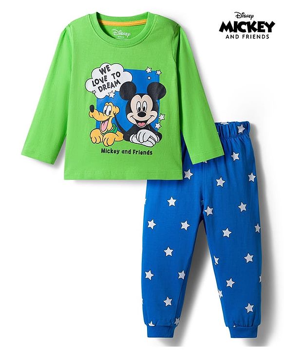 Babyhug Disney 100% Cotton Knit Full Sleeves T-Shirt & Pyjama Night Suit With Mickey & Friends Graphics - Blue & Green