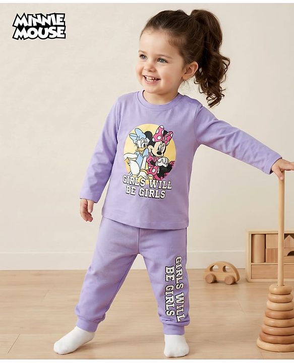 Babyhug Disney Single Jersey Knit Full Sleeves T-Shirt & Pajama Night Suit with Minnie & Friends Graphic - Lavender
