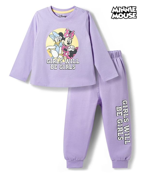 Babyhug Disney Single Jersey Knit Full Sleeves T-Shirt & Pajama Night Suit with Minnie & Friends Graphic - Lavender