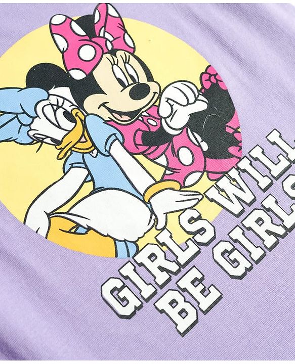 Babyhug Disney Single Jersey Knit Full Sleeves T-Shirt & Pajama Night Suit with Minnie & Friends Graphic - Lavender