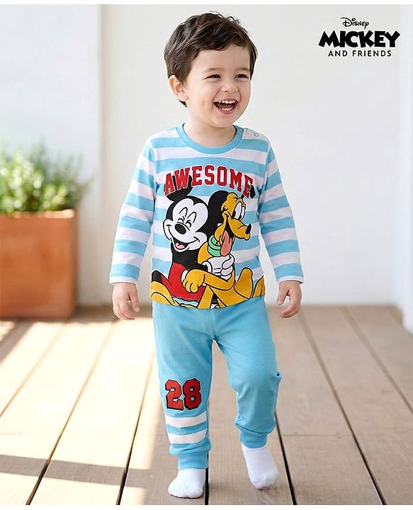 Babyhug Disney Single Jersey Knit Full Sleeves T-Shirt & Lounge Pant Night Suit With Mickey & Pluto Graphics - Light Blue