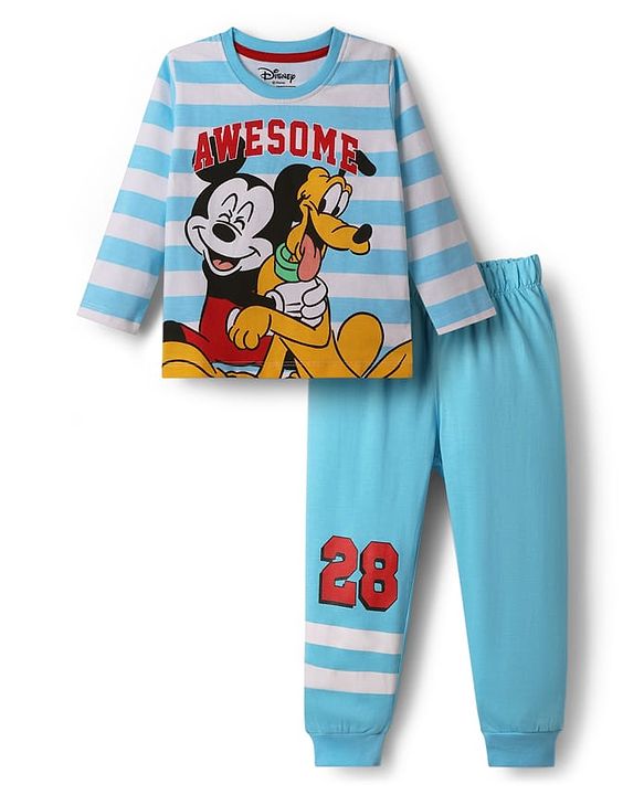 Babyhug Disney Single Jersey Knit Full Sleeves T-Shirt & Lounge Pant Night Suit With Mickey & Pluto Graphics - Light Blue
