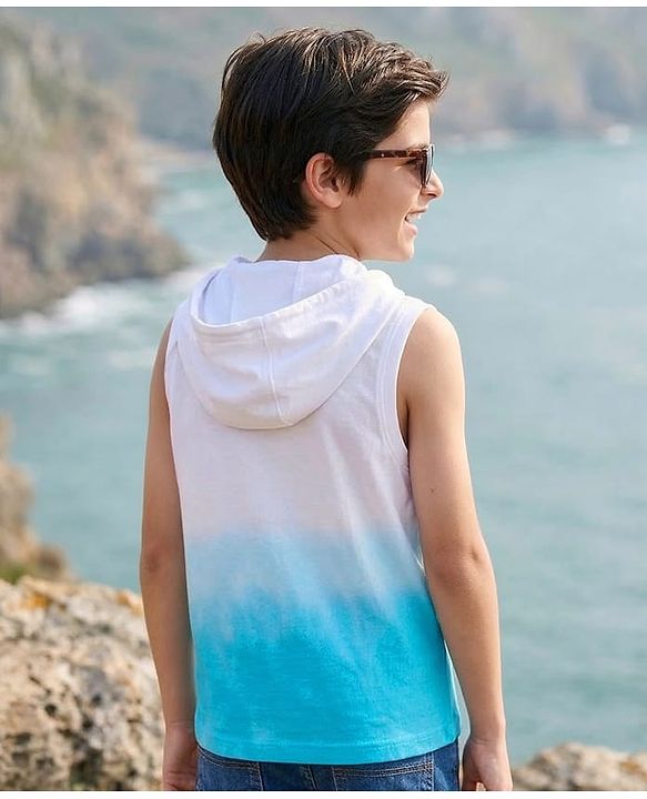 Pine Kids Cotton Knit Sleeveless Hooded T-Shirt with Beach Theme Print - White