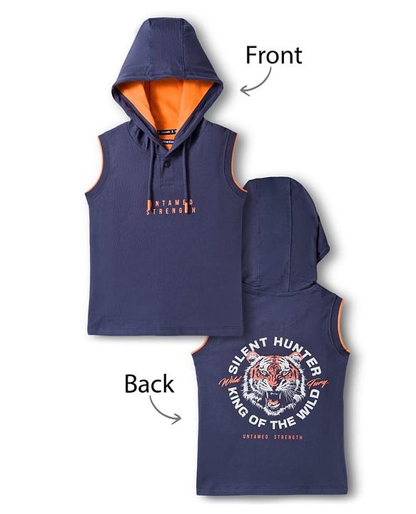 Pine Kids 100% Cotton Knit Half Sleeves Tiger Printed Hooded T-Shirt - Navy Blue
