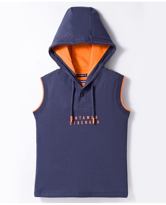 Pine Kids 100% Cotton Knit Half Sleeves Tiger Printed Hooded T-Shirt - Navy Blue
