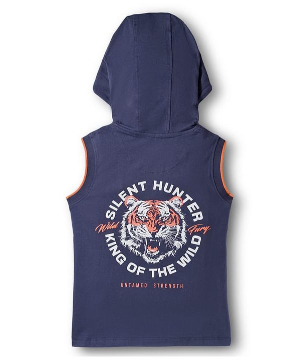 Pine Kids 100% Cotton Knit Half Sleeves Tiger Printed Hooded T-Shirt - Navy Blue