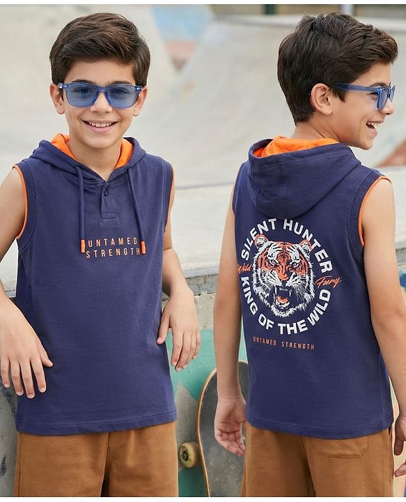 Pine Kids 100% Cotton Knit Half Sleeves Tiger Printed Hooded T-Shirt - Navy Blue