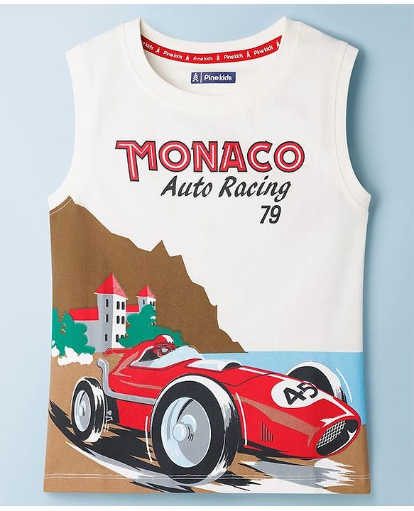 Pine Kids Cotton Knit Sleeveless Text & Racing Theme Printed T-Shirt - White