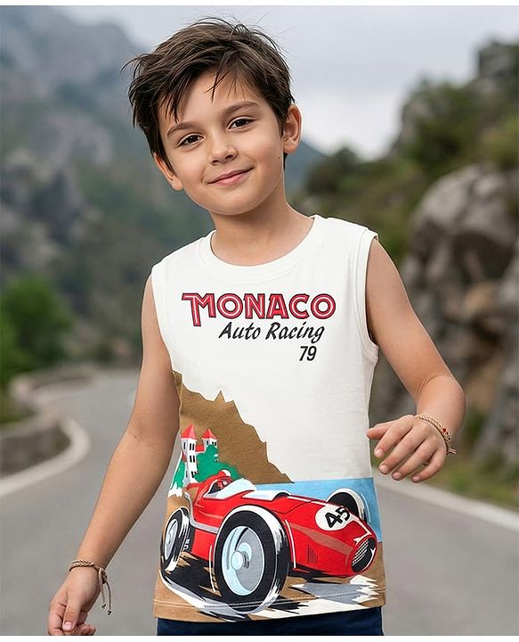 Pine Kids Cotton Knit Sleeveless Text & Racing Theme Printed T-Shirt - White