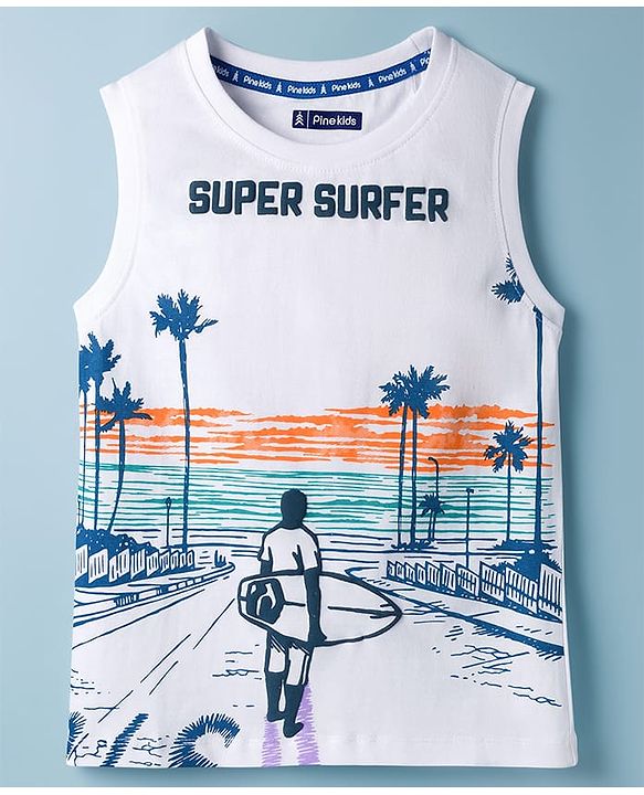 Pine Kids Cotton Knit Sleeveless Tank T-Shirt with Super Surfer Print - White