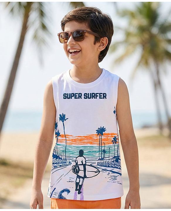 Pine Kids Cotton Knit Sleeveless Tank T-Shirt with Super Surfer Print - White