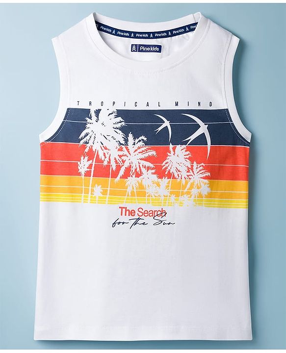 Pine Kids Cotton Knit Sleeveless Tank T-Shirt with Tropical Theme Print - White