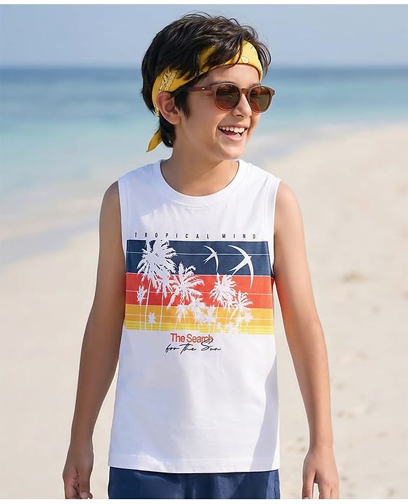Pine Kids Cotton Knit Sleeveless Tank T-Shirt with Tropical Theme Print - White