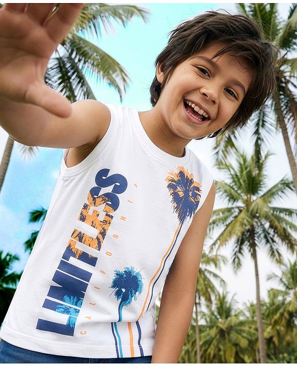 Pine Kids Cotton Knit Sleeveless Text & Tree Printed T-Shirt - Snow White