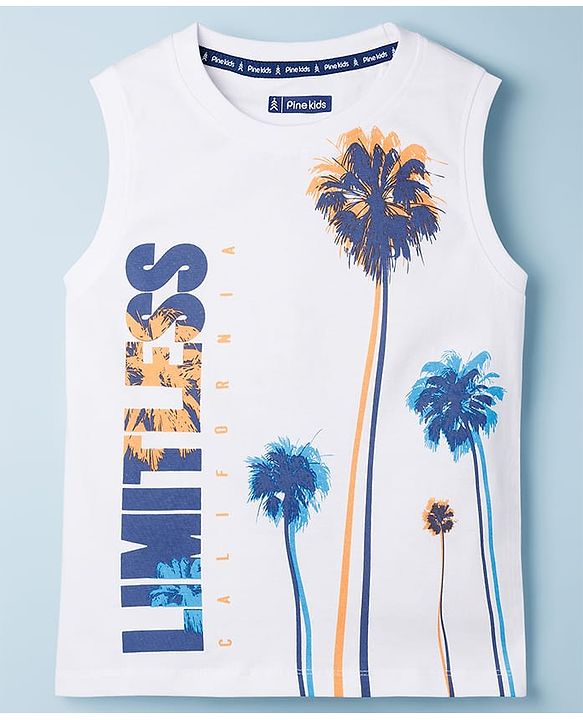 Pine Kids Cotton Knit Sleeveless Text & Tree Printed T-Shirt - Snow White