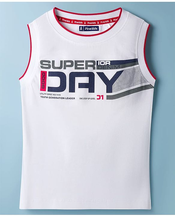 Pine Kids Cotton Knit Sleeveless Tank T-Shirt with Super Day Print - White