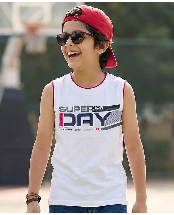 Pine Kids Cotton Knit Sleeveless Tank T-Shirt with Super Day Print - White