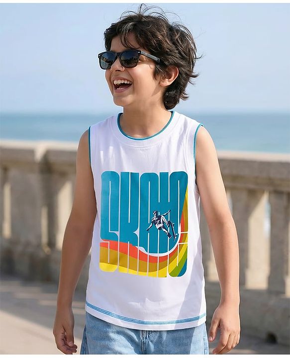 Pine Kids Cotton Knit Sleeveless Tank T-Shirt with Surfer Print - White