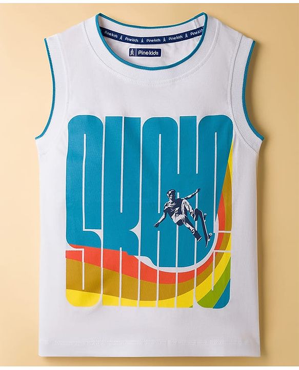 Pine Kids Cotton Knit Sleeveless Tank T-Shirt with Surfer Print - White