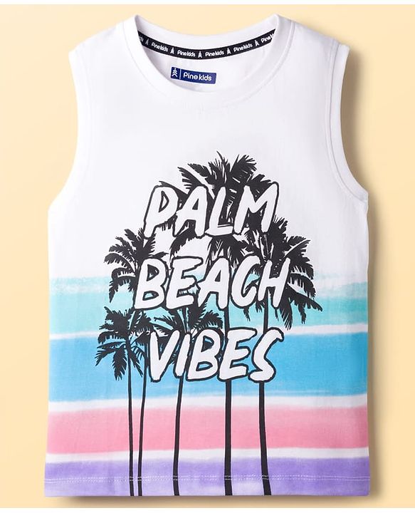 Pine Kids Cotton Knit Sleeveless T-Shirt With Beach Theme Print - White