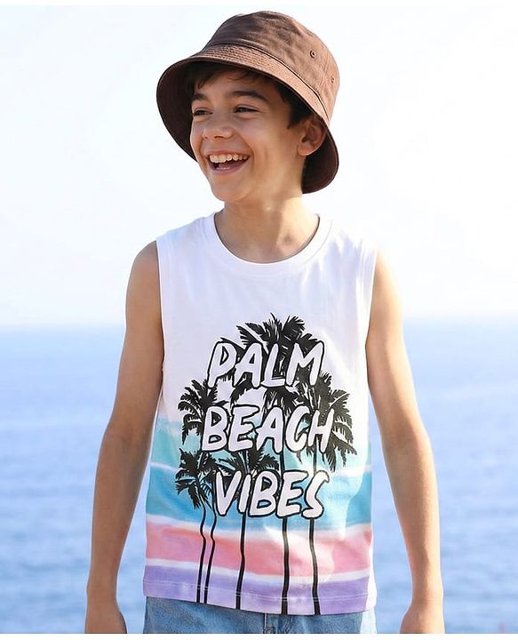 Pine Kids Cotton Knit Sleeveless T-Shirt With Beach Theme Print - White