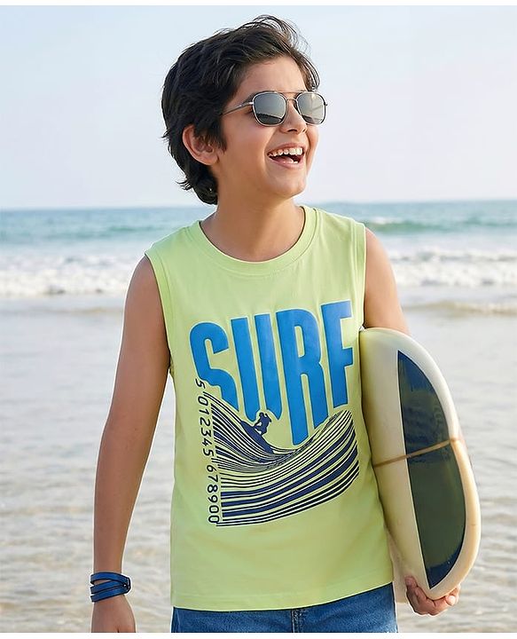 Pine Kids Cotton Knit Sleeveless Tank T-Shirt with Surfer Print - Limegreen
