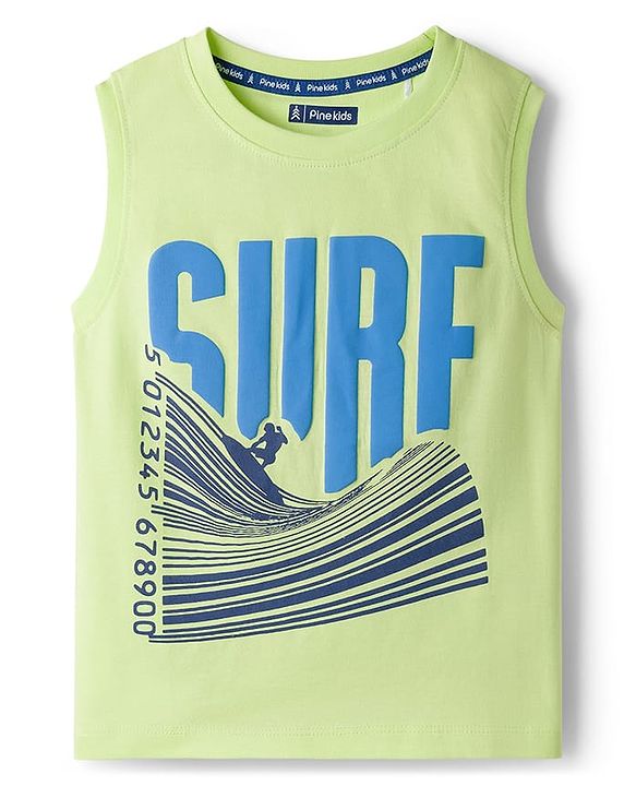 Pine Kids Cotton Knit Sleeveless Tank T-Shirt with Surfer Print - Limegreen