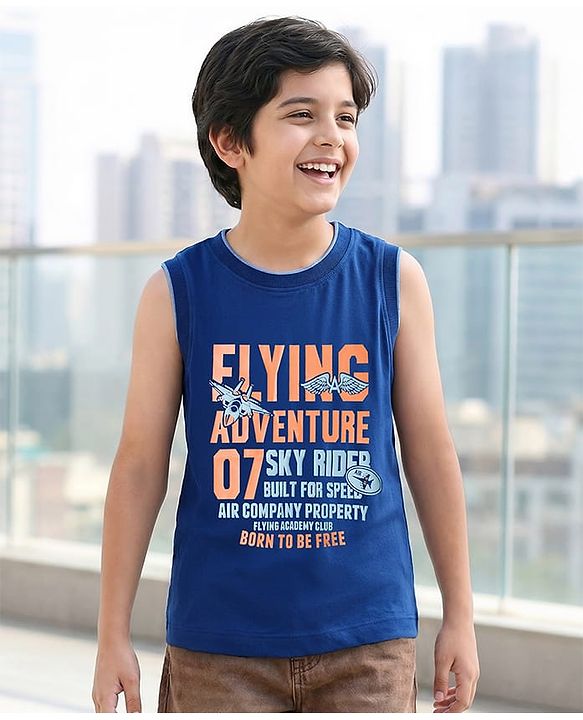 Pine Kids Cotton Knit Sleeveless Tank T-Shirt with Text Print - Navy Blue
