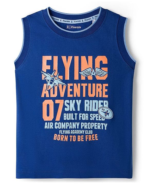 Pine Kids Cotton Knit Sleeveless Tank T-Shirt with Text Print - Navy Blue