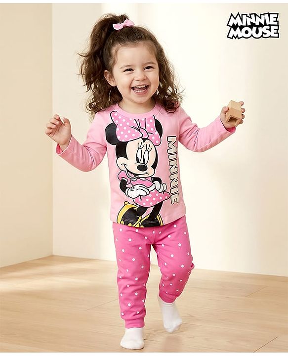 Babyhug Disney 100% Cotton Full Sleeves  T-Shirt & Pyjama Night Suit With Minnie Mouse Graphic - Pink
