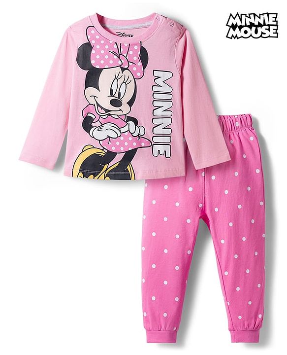 Babyhug Disney 100% Cotton Full Sleeves  T-Shirt & Pyjama Night Suit With Minnie Mouse Graphic - Pink