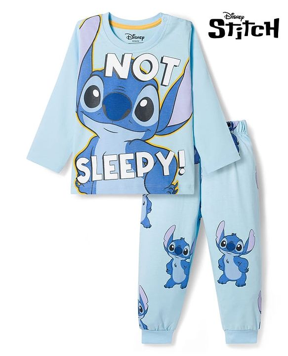 Babyhug Disney Single Jersey Knit Full Sleeves T-Shirt & Pyjama Night Suit With Stitch Graphics - Blue
