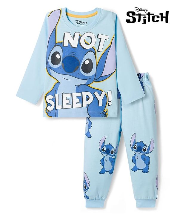 Babyhug Disney Single Jersey Knit Full Sleeves T-Shirt & Pyjama Night Suit With Stitch Graphics - Blue
