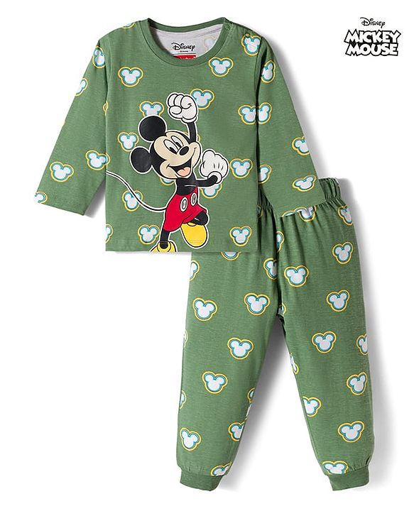 Babyhug Disney Single Jersey Knit Full Sleeves T-Shirt & Pyjama Co-ord Night Suit With Mickey Mouse Print - Green