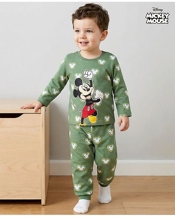 Babyhug Disney Single Jersey Knit Full Sleeves T-Shirt & Pyjama Co-ord Night Suit With Mickey Mouse Print - Green