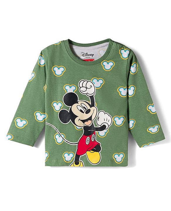 Babyhug Disney Single Jersey Knit Full Sleeves T-Shirt & Pyjama Co-ord Night Suit With Mickey Mouse Print - Green
