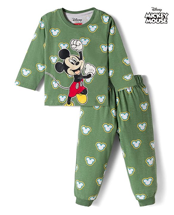 Babyhug Disney Single Jersey Knit Full Sleeves T-Shirt & Pyjama Co-ord Night Suit With Mickey Mouse Print - Green