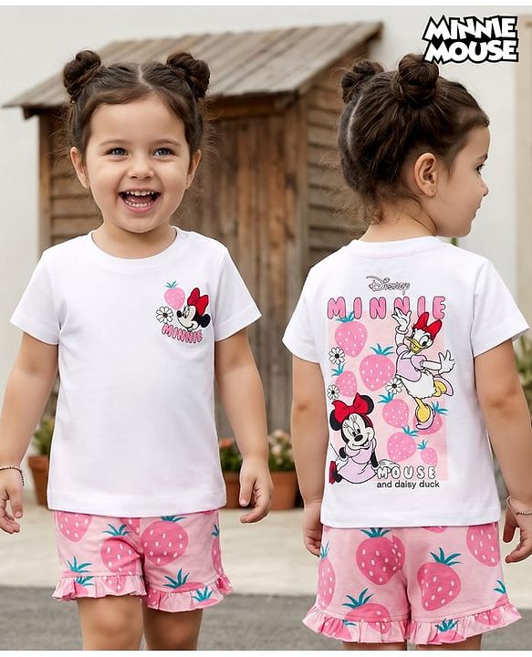 Babyhug Disney Single Jersey Knit Half Sleeves Oversized T-Shirt & Shorts Set with Minnie & Friends Front & Back Graphic - Multicolor