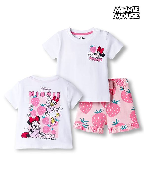 Babyhug Disney Single Jersey Knit Half Sleeves Oversized T-Shirt & Shorts Set with Minnie & Friends Front & Back Graphic - Multicolor