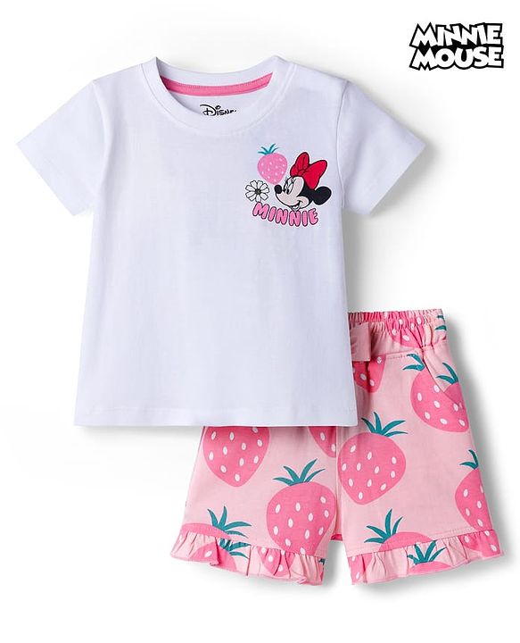 Babyhug Disney Single Jersey Knit Half Sleeves Oversized T-Shirt & Shorts Set with Minnie & Friends Front & Back Graphic - Multicolor