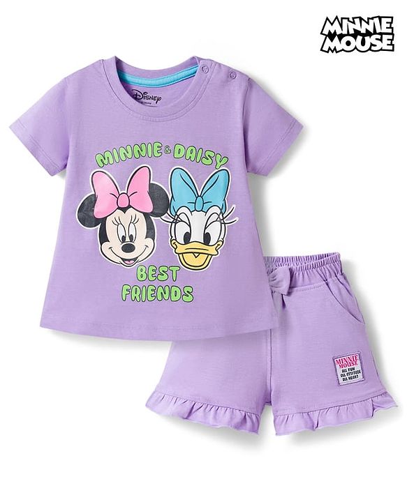 Babyhug Disney Single Jersey  Knit Oversize Half Sleeves T-Shirt & Shorts Set with Minnie & Friends Graphic - Lavender