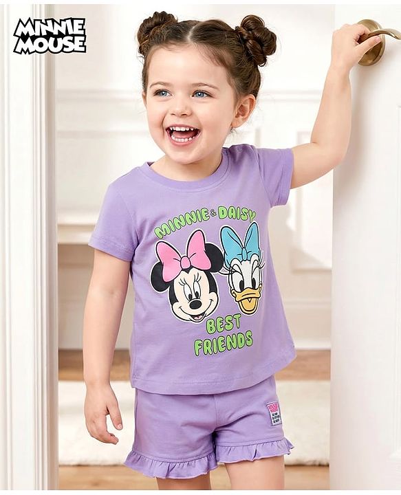 Babyhug Disney Single Jersey  Knit Oversize Half Sleeves T-Shirt & Shorts Set with Minnie & Friends Graphic - Lavender