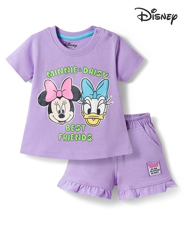 Babyhug Disney Single Jersey  Knit Oversize Half Sleeves T-Shirt & Shorts Set with Minnie & Friends Graphic - Lavender