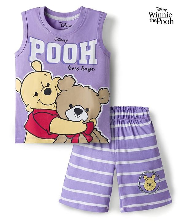 Babyhug Disney Single Jersey Knit Sleeveless T-Shirt & Shorts Night Suit With Winnie The Pooh Graphics - Lavender