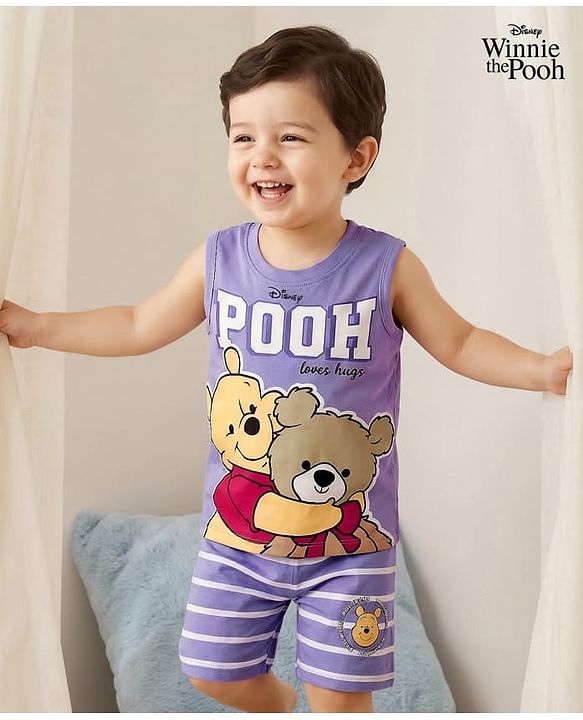 Babyhug Disney Single Jersey Knit Sleeveless T-Shirt & Shorts Night Suit With Winnie The Pooh Graphics - Lavender