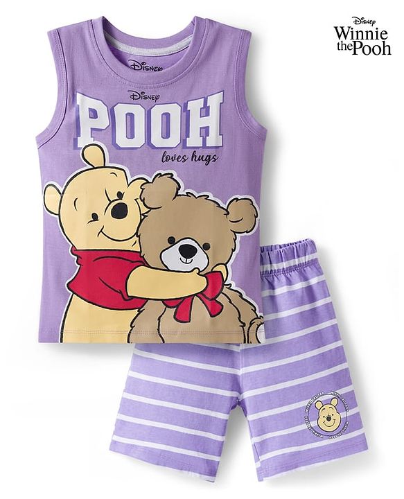 Babyhug Disney Single Jersey Knit Sleeveless T-Shirt & Shorts Night Suit With Winnie The Pooh Graphics - Lavender